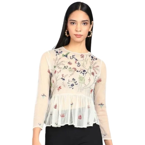 Zara HOLIDAY ✨ Embroidered Sheer Mesh Botanical Peplum Top – Size S ✨🍃✨ - Picture 2 of 9